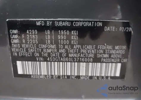 2020 Subaru Impreza 5-Door z USA, uszkodzony, nr VIN 4S3GTAB60L3716008